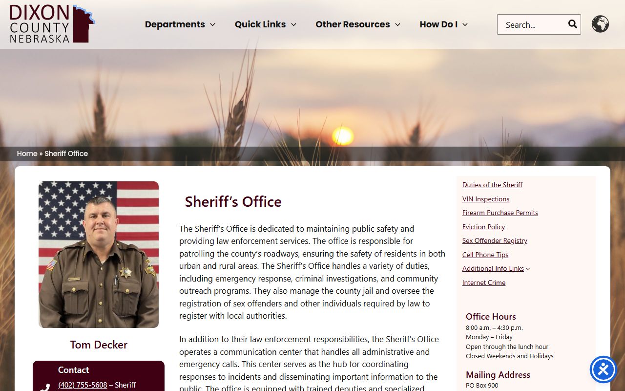 Dixon County Sheriff's Office page showing Sheriff Tom Decker and jail contact information